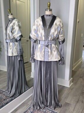 2-Piece Belted IKAT Kimono Blazer With Inner Dress in Gray